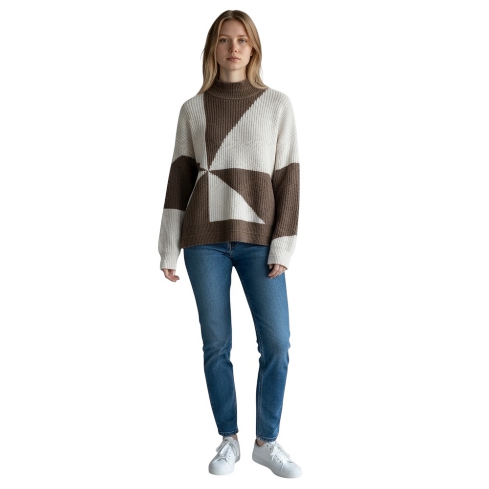 Women's Brown and Cream Geometric Turtleneck Sweater